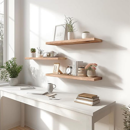 Light Wood Floating Shelves for Wall Rustic Wall Shelves for Bedroom Set of 6
