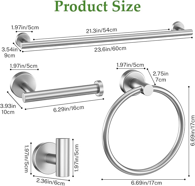 5-Piece Towel Bar Set Brushed Nickel Bathroom Hardware Set Include Towel Bar Towel Ring Paper Towel Holder Coat Hooks Stainless Steel Wall-Mounted 23.6 in