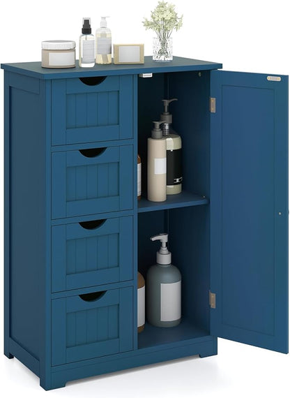 Tangkula Bathroom Floor Cabinet, Freestanding Storage Cabinet with 4 Drawers & Single Door, Adjustable Shelf, Multipurpose Bathroom Storage for Home Office, 21.5 x 12 x 32.5 Inches (Blue)