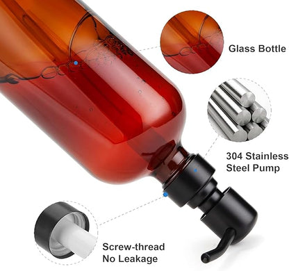 AmazerBath Amber Glass Soap Dispenser, 2 Pack Soap Dispenser Set with Stainless Steel Pump, Vintage Liquid Brown Soap Dispensers Bottle, 17 Oz Dish Soap and Hand Soap Dispensers for Bathroom Kitchen