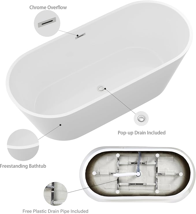 Logmey 67 Inch Freestanding Bathtub White Acrylic Oval Shape Soaking Tub with Chrome Drain & Overflow Assembly for Classic and Modern Bathrooms