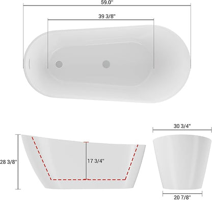 59 Inch Freestanding Acrylic Bathtub, Modern Soaking Tub with Chrome Overflow & Drain, CUPC Certified, Deep Soaking Design for Luxurious Spa Experience, Contemporary Bathroom Centerpiece