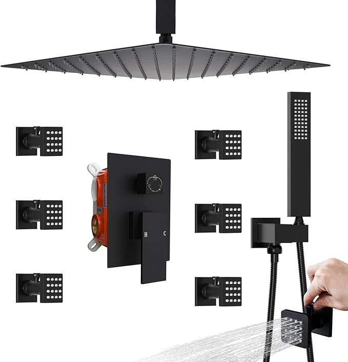 Enga Shower System Body Jets with On-Off Switch, 16 Inch Rain Shower Head System Full Body Spray Massage Shower Set, Multi Head Shower Faucet Combo, Matte Black