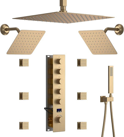 Brushed Gold Triple Shower Heads Shower System with 12"+8"+8" Top Shower Heads, Digital Display Shower Valve, Body Jets and Handheld Shower,Full Body Shower System