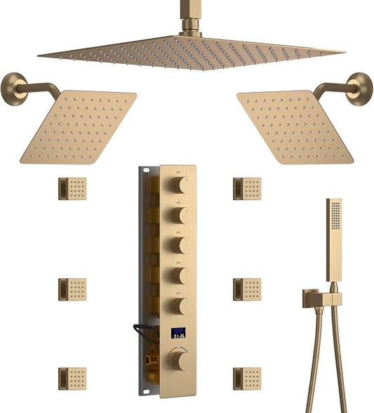 Brushed Gold Triple Shower Heads Shower System with 12"+8"+8" Top Shower Heads, Digital Display Shower Valve, Body Jets and Handheld Shower,Full Body Shower System