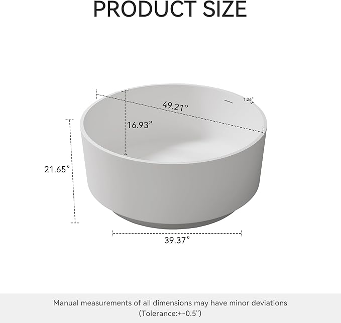 49" Premium Solid Surface Freestanding Bathtub, Upgraded Round Soaking Deep Stone Resin Tub with Overflow and Pop-up Drain, Matte White