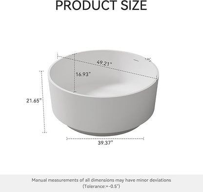49" Premium Solid Surface Freestanding Bathtub, Upgraded Round Soaking Deep Stone Resin Tub with Overflow and Pop-up Drain, Matte White