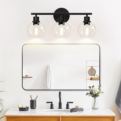 2025 Upgrade 3-Light Bathroom Light Fixtures, Black Bathroom Lights Over Mirror with Clear Glass Globe Shade, Vanity Lights for Bathroom Kitchen Living Room Hallway Cabinet Bedroom Porch.