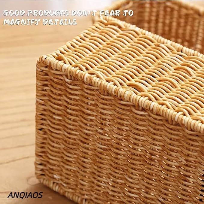 Small Plastic Rattan Baskets for organizing (Set of 2) | Bathroom Basket | Wicker Storage Basket | Toilet Paper Basket | Shelf Baskets | Rustic Style |Water-Resistant and Durable