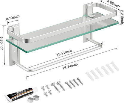 VOLPONE Glass Shelf with Towel Bar 15.7in Silver Bathroom Shelf Wall Mount Rustproof Bathroom Wall Organizer 1 Tier (Silver)