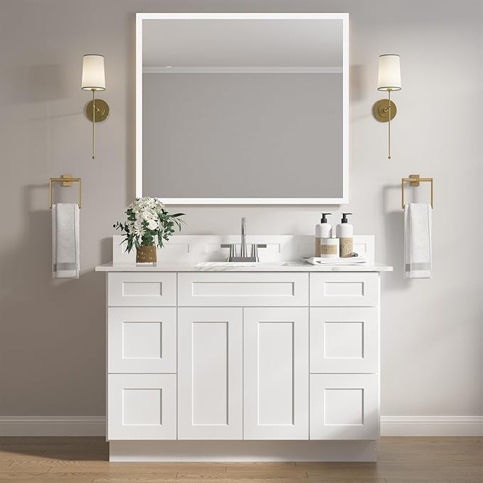 ROOMTEC Bathroom Cabinet, 48'' Free Standing Bathroom Vanity with 6 Drawers and 2 Doors,Soft-Close Drawer Slides Morden Bathroom Sink Vanity Storage Cabinet, Shaker White