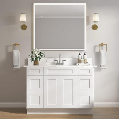 ROOMTEC Bathroom Cabinet, 48'' Free Standing Bathroom Vanity with 6 Drawers and 2 Doors,Soft-Close Drawer Slides Morden Bathroom Sink Vanity Storage Cabinet, Shaker White