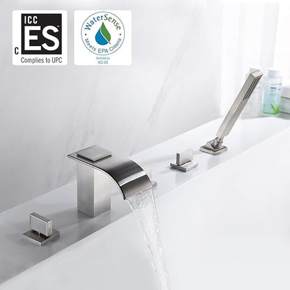 Roman Tub Faucet with Hand Shower, Waterfall Tub Filler Deck Mount Brushed Nickel, SUMERAIN