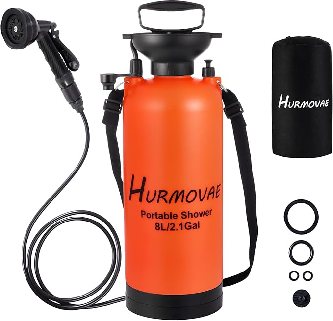2.1 Gallon/8L Portable Shower–10 Spray Modes, Nylon Insulated Sleeve & No Electric Needed, Beach Shower for Surfing, Camping, Traveling & Hiking, Portable Water Sprayer, Orange