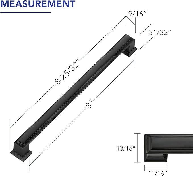 Ravinte Hardware 5 Pack Matte Black Cabinet Pulls, 8 Inch (204mm) Hole Center Zinc Alloy Drawer Handles for Kitchen Cabinets, Cupboards, Dressers, Square Solid Metal Hardware