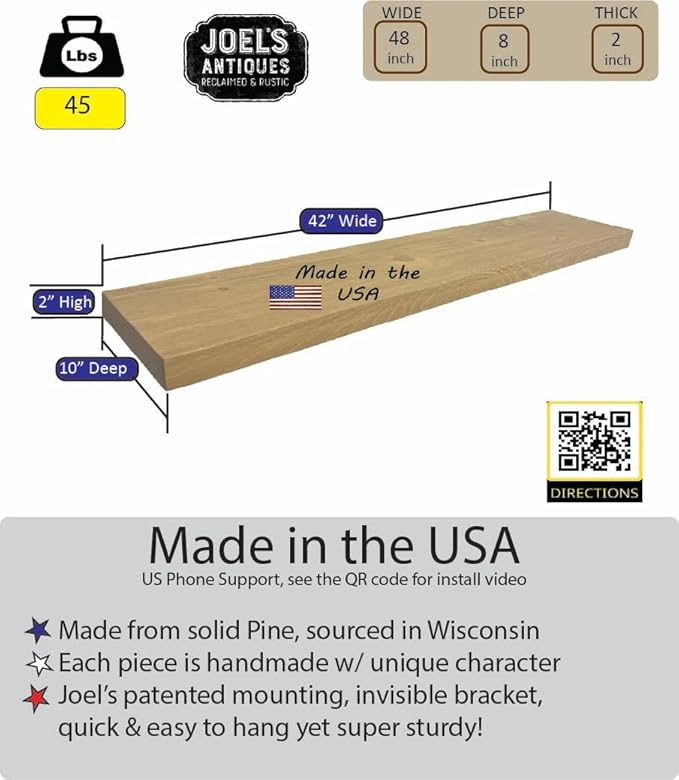 joelsantiques 42 Inch Wooden Floating Shelves for Wall - 42x10x2 in - Made of Natural Wood - Long Heavy Duty Rustic Wall Shelves for Bedroom - Perfect for Living Room, Kitchen - Beige