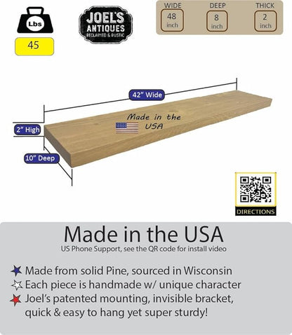 joelsantiques 42 Inch Wooden Floating Shelves for Wall - 42x10x2 in - Made of Natural Wood - Long Heavy Duty Rustic Wall Shelves for Bedroom - Perfect for Living Room, Kitchen - Beige