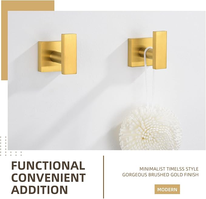 Angle Simple Towel Hooks for Bathroom, SUS 304 Stainless Steel Square Robe Coat Wall Hooks, Hand Towel Holder, Brassy Gold, 2 Pack