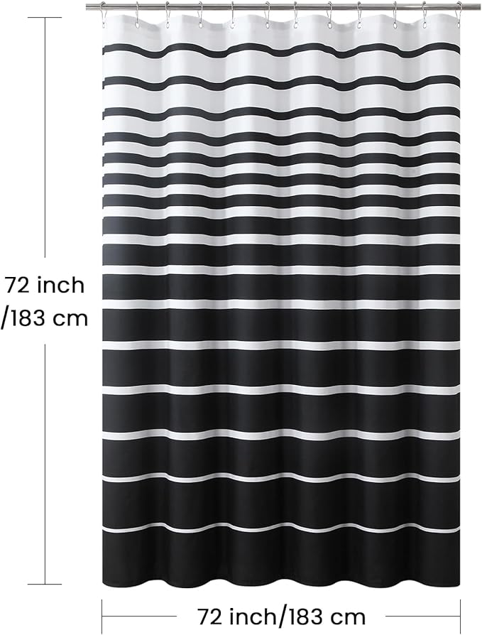 Black Shower Curtain, Modern Black and White Stripe Waterproof Polyester Shower Curtains for Bathroom, 72x72 Inches