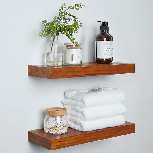 Homeforia 18 inch Floating Shelf Oak, High End Solid Real Wood 18inch Long Floating Shelves for Wall Mounted, Honey Oak Wooden 18in Floating Shelves, Heavy Duty Bracket, 18 X 6.5 X 1.75 inch, Set of 3