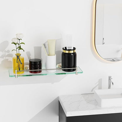 Glass Bathroom Shelves,Brushed Nickel Floating Shelves for Wall Rectangular Modern Stainless Steel Glass Shelf for Bathroom Shelves Wall Mounted 16 Inch