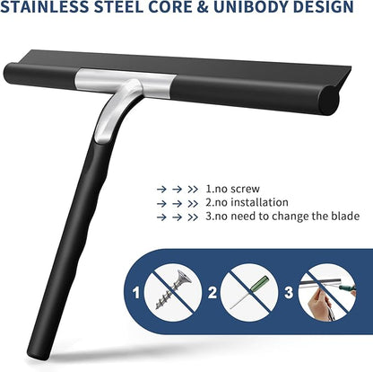 ecooe Silicone Shower Squeegee with Hanger, 11″/28cm Shower Squeegee for Glass Doors, Black Window Squeegee Scraper with Stainless Steel Core for Home Bathroom Kitchen Car Glass Doors