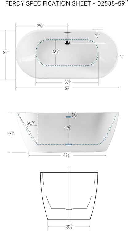 FerdY Nauru 59" Freestanding Bathtub,Gracefully Shaped Freestanding Soaking tub, Glossy White, cUPC Certified, Chrome Drain & Classic Slooted Overflow Assembly Included