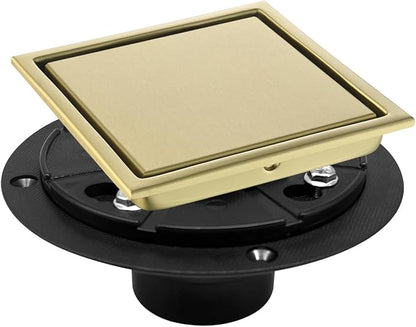 4 Inch Square Shower Drain with Flange, Removeable Grate SUS 304 Stainless Steel Shower Drain with Hair Catcher (Brushed Gold-1, 4 Inch)