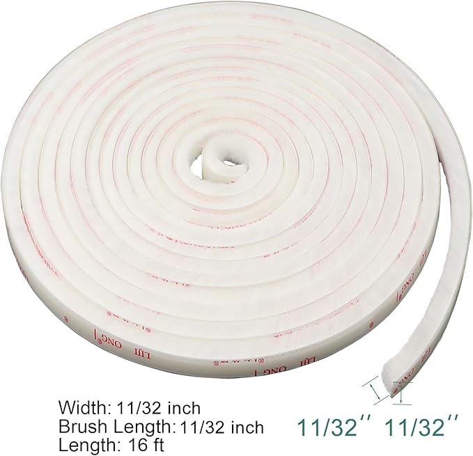 TORRAMI Fuzzy Brush Seal Weatherstripping for Window and Door 11/32 inch x 11/32 inch x 16 ft, Self-Adhesive Felt Insulation Sealing Strip Wind Dust Draft Insect Proof, White