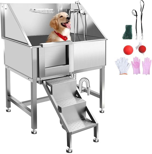 38" Professional Dog Wash Station, Stainless Steel Dog Grooming Tub for Large, Medium & Small Pets - with Anti-Slip Stairs, Drain & Door, Silver