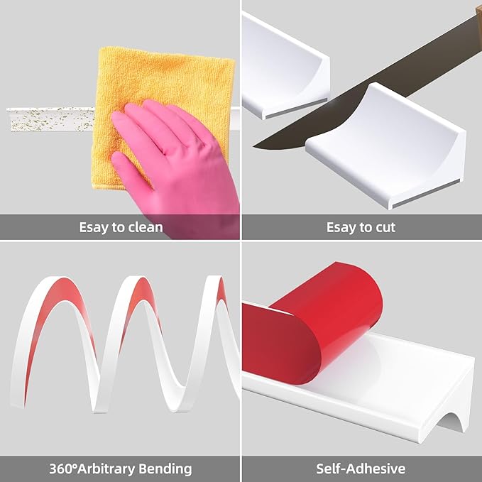 98Inch Collapsible Shower Threshold Water Dam Barrier, Self Adhesive Silicone Waterproof Shower Barrier Water Strip Dam for The Gap Between the Shower Kitchen Countertop Sink and Cooktop