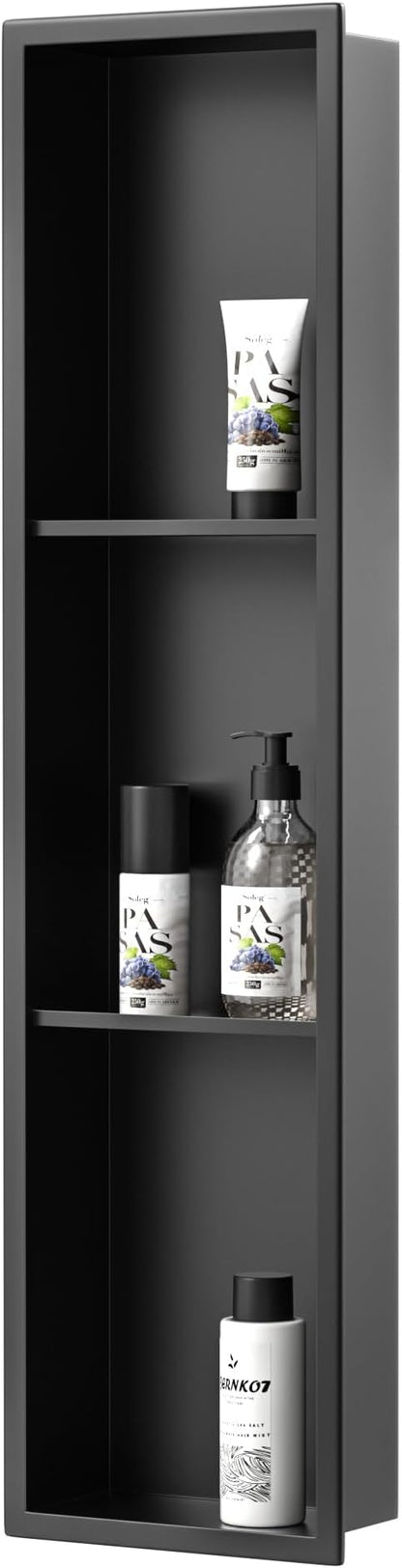 Stainless Steel Shower Niche 8"×36" Matte Black with 3-Tier Shelves No Tiled Needed Niche Shower for Bathroom Wall Recessed Bathroom Shower Shelf for Storage
