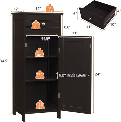 COSTWAY Bathroom Storage Cabinet, Single Door Floor Cabinet with Drawer and 3-Level Adjustable Shelves, Modern Side Storage Organizer with Anti-Tipping Device for Living Room, Bedroom (Brown)