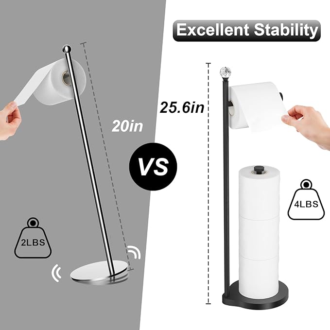 Toilet Paper Holder for Bathroom, Heavy Weighted Metal Free Standing Toilet Paper Storage with Crystal Ball, Toilet Paper Stand for Bathroom Accessories, Matte Black [Holds MEGA Rolls]