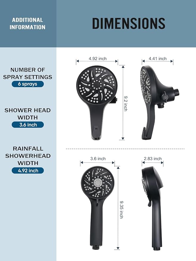 Cobbe High Pressure 3-Way Shower Head Combo, Hand Held Shower & Rain Shower Separately or Together, Dual 2 in 1 Showerhead with Stainless Steel Hose - Black