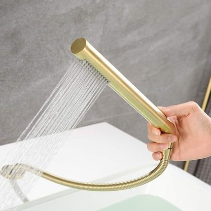 sumerain 3 Hole Roman Tub Faucet with Hand Shower, High Flow Single Handle Waterfall Bathtub Filler Brushed Gold Finish