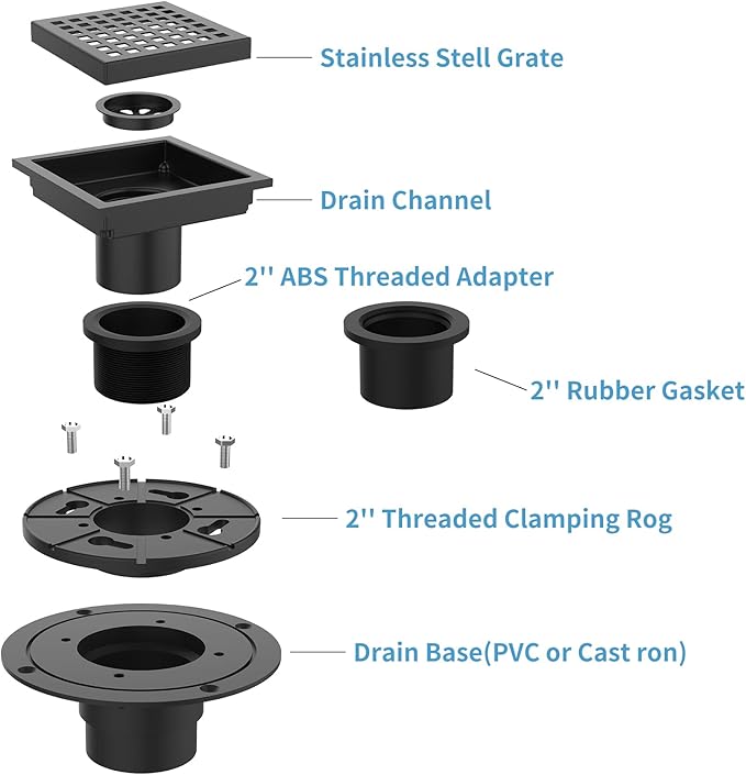 4 Inch Square Shower Floor Drain, Brushed Nickel High Flow Shower Drain Kit with Flange with Hair Filter, Removable Grate Cover, Stainless Steel, Abs Fixing Tray, CUPC Certified (Matte Black)