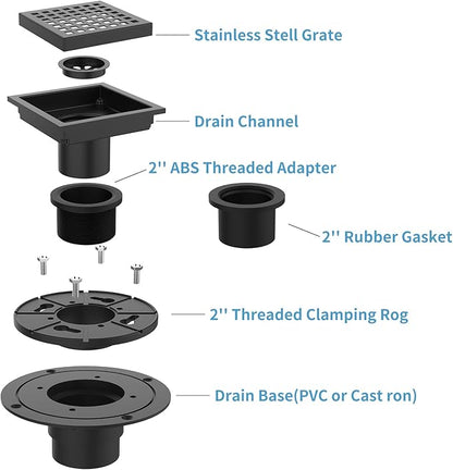 4 Inch Square Shower Floor Drain, Brushed Nickel High Flow Shower Drain Kit with Flange with Hair Filter, Removable Grate Cover, Stainless Steel, Abs Fixing Tray, CUPC Certified (Matte Black)