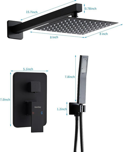 8 Inch Matte Black Shower Faucet Set with Rain Shower Head and Handheld Spray, Wall Mounted Rainfall Shower Head with Handheld Combo, Bathroom luxury Shower System with Valve and Trim