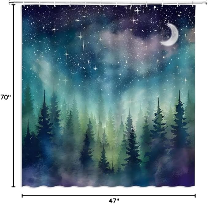 Forest Moon Shower Curtain Watercolor Misty Forest Fantasy Starry Sky Galaxy Nature Gothic Scenery Abstract Outdoor Bathroom Decor Curtains with Hooks, Purple 70" L x 47" W