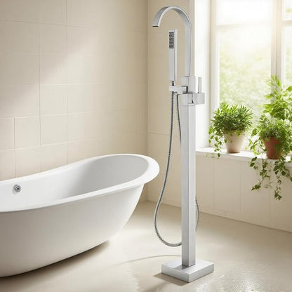 Freestanding Tub Filler, Floor Mount Bathtub Faucet with Hand Shower, High Flow 360° Swivel Spout Shower System for Bathtub, Brushed Nickel
