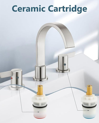 Aolemi Bathroom Faucets 3 Hole,8 Inch Widespread Waterfall Bathroom Sink Faucet,2 Handles Vanity Faucet with Pop-up Drain and Supply Hose,Brushed Nickel