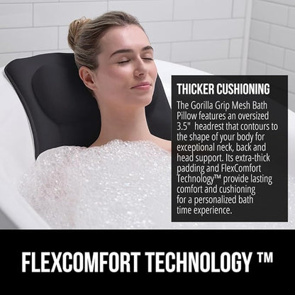 GORILLA GRIP Bath Pillow for Tub with Powerful Suction Cups, Headrest Pillows for Neck and Back Support, Machine Wash, Bathtub and Hot Tub Accessories, Relaxing Spa Gift Essentials for Women, Black