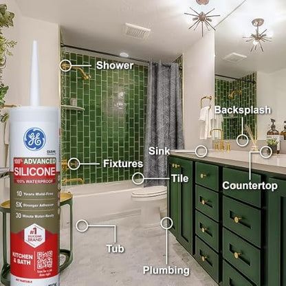 GE Advanced Silicone Caulk for Kitchen & Bathroom, White, 10 fl oz Cartridge, 12 Pack - 100% Waterproof Silicone Sealant, 5X Stronger Adhesion, Shrink & Crack Proof