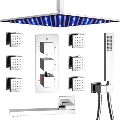 Thermostatic Shower Faucet Set Polished Chrome Rain Shower System with Tub Spout, 12 Inch Ceiling Mounted LED Shower Head and Handheld Spray, 6 PCS Body Jets, 4 Way Brass Shower Vlave