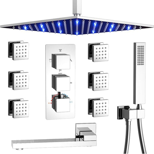 Thermostatic Shower Faucet Set Polished Chrome Rain Shower System with Tub Spout, 12 Inch Ceiling Mounted LED Shower Head and Handheld Spray, 6 PCS Body Jets, 4 Way Brass Shower Vlave