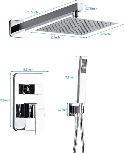 12 Inch Polished Chrome Shower Faucet Set with Rain Shower Head and Handheld Spray, Wall Mounted Rainfall Shower Head with Handheld Combo, Bathroom luxury Shower System with Valve and Trim