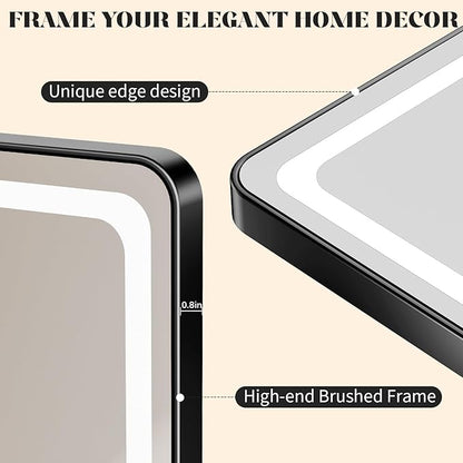 LED Bathroom Mirrors with Lights,24" x 36" Black Square LED Mirror for Bathroom,Fogless,3 Colors Dimmable, Touch Sensor