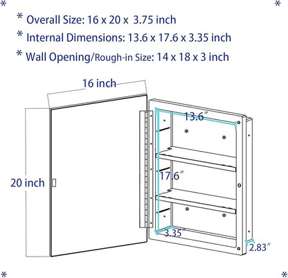 Black Plastic Bathroom Medicine Mirror Cabinet Beveled Edge, 16 x 20 inch, Surface and Recessed Mount