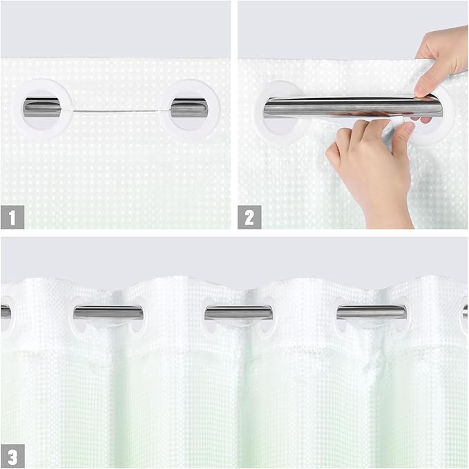 MitoVilla No Hooks Needed Extra Long Shower Curtain Liner Set, 86 inch XL Emerald Green Ombre Heavyweight Waffle Fabric Cloth Shower Curtains with Snap-in Liner for Modern Luxury Hotel & Spa Bathroom